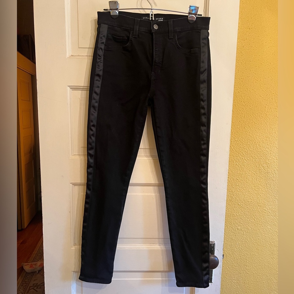Veronica Beard Emma Mid Rise Skinny Tuxedo Stripe Jeans in Black | Size 29 or 8
